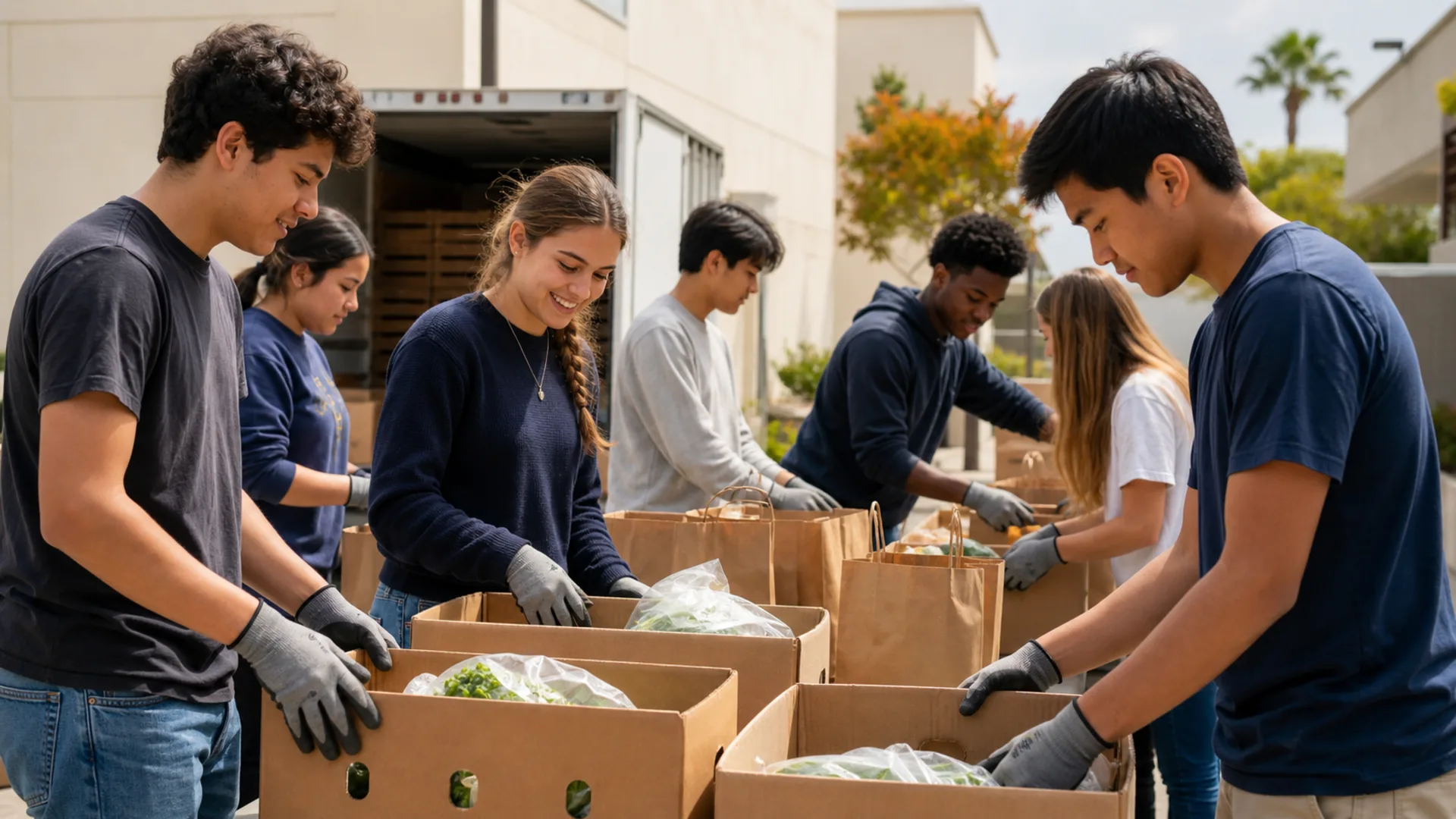 High school students organizing produce boxes during a community food distribution project.
