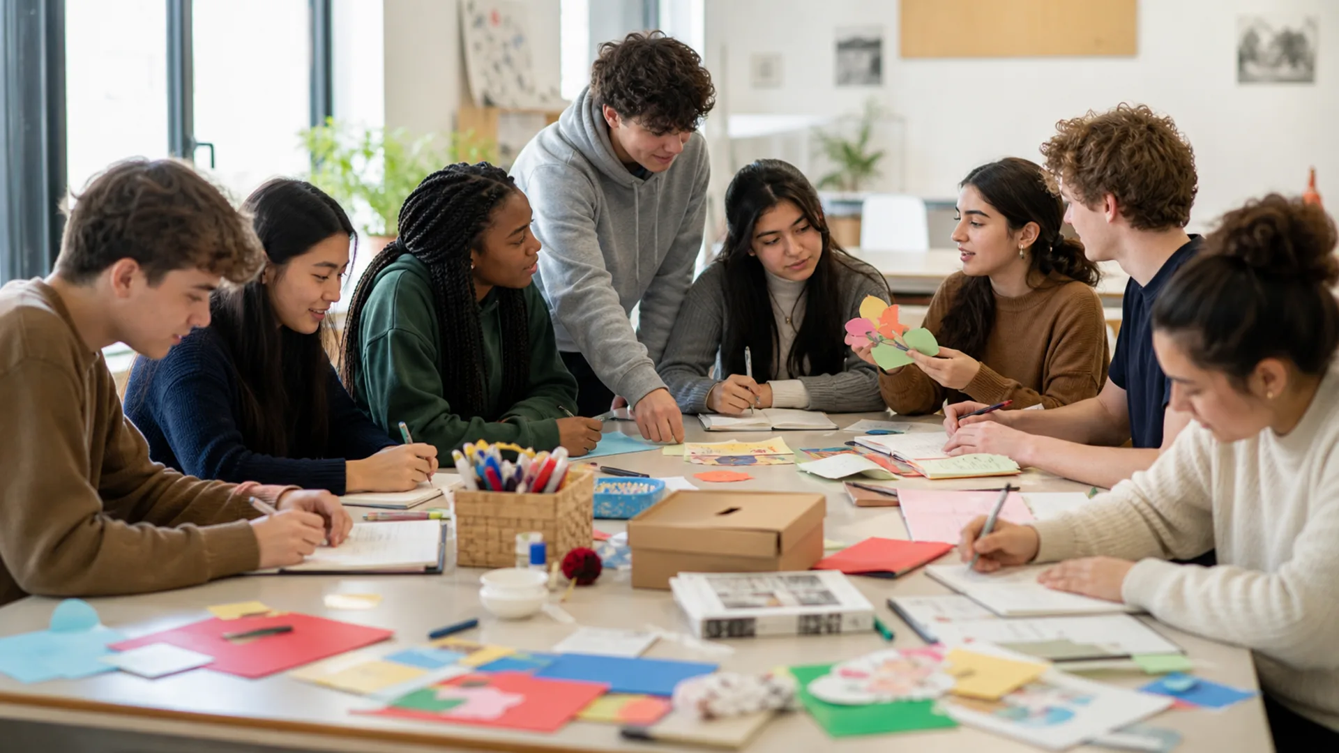 High school students collaborating on writing, cultural craft, and community project ideas.