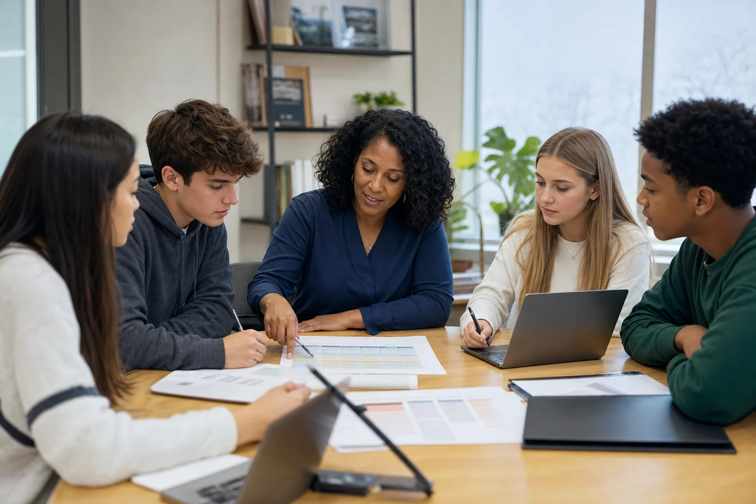 High school students meeting with an advisor to review an early college course plan.