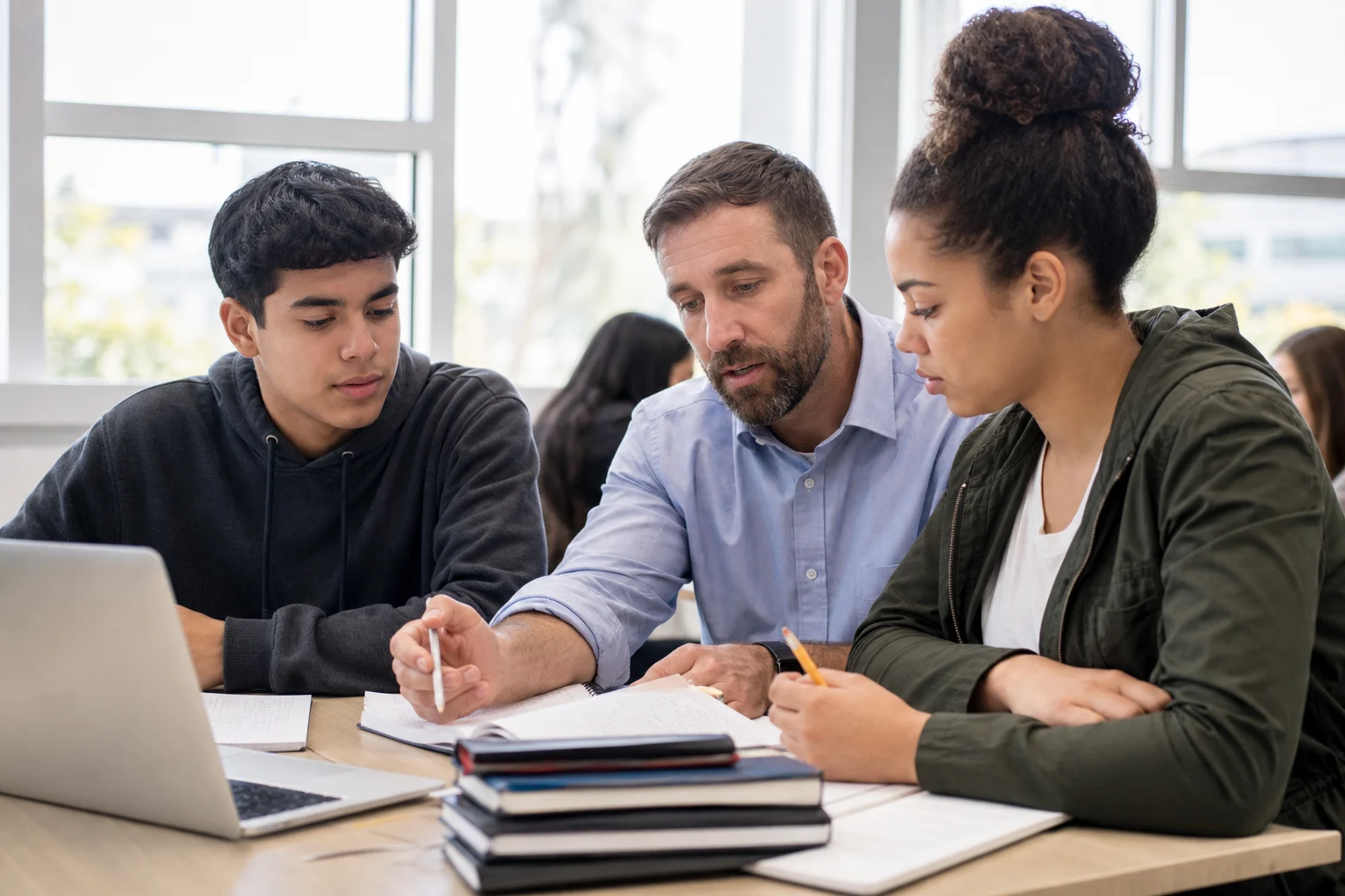 A teacher giving individualized academic support to high school students in a small classroom setting.