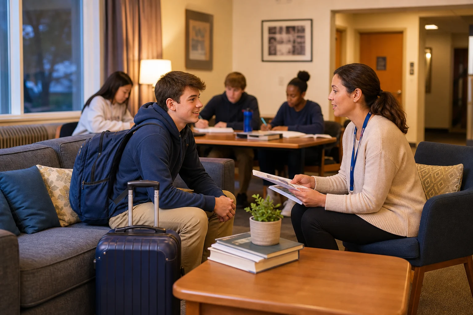 A boarding school student and residential advisor discussing housing and study planning.
