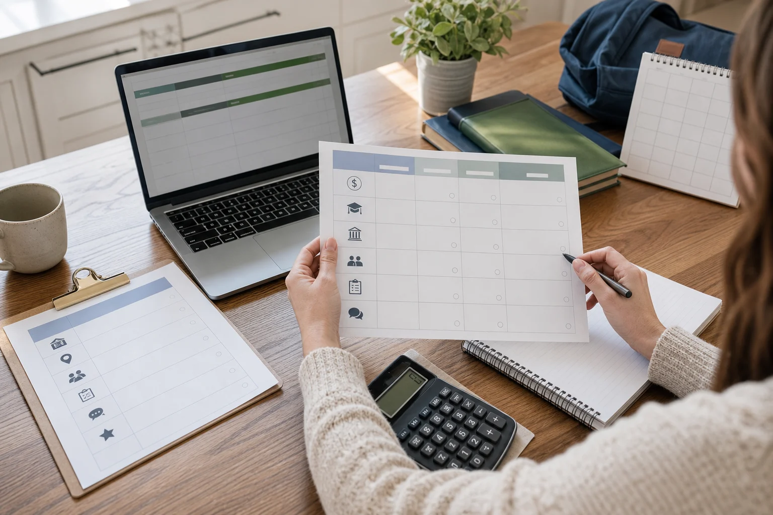 A parent comparing private high school tuition factors with an admissions planning checklist.