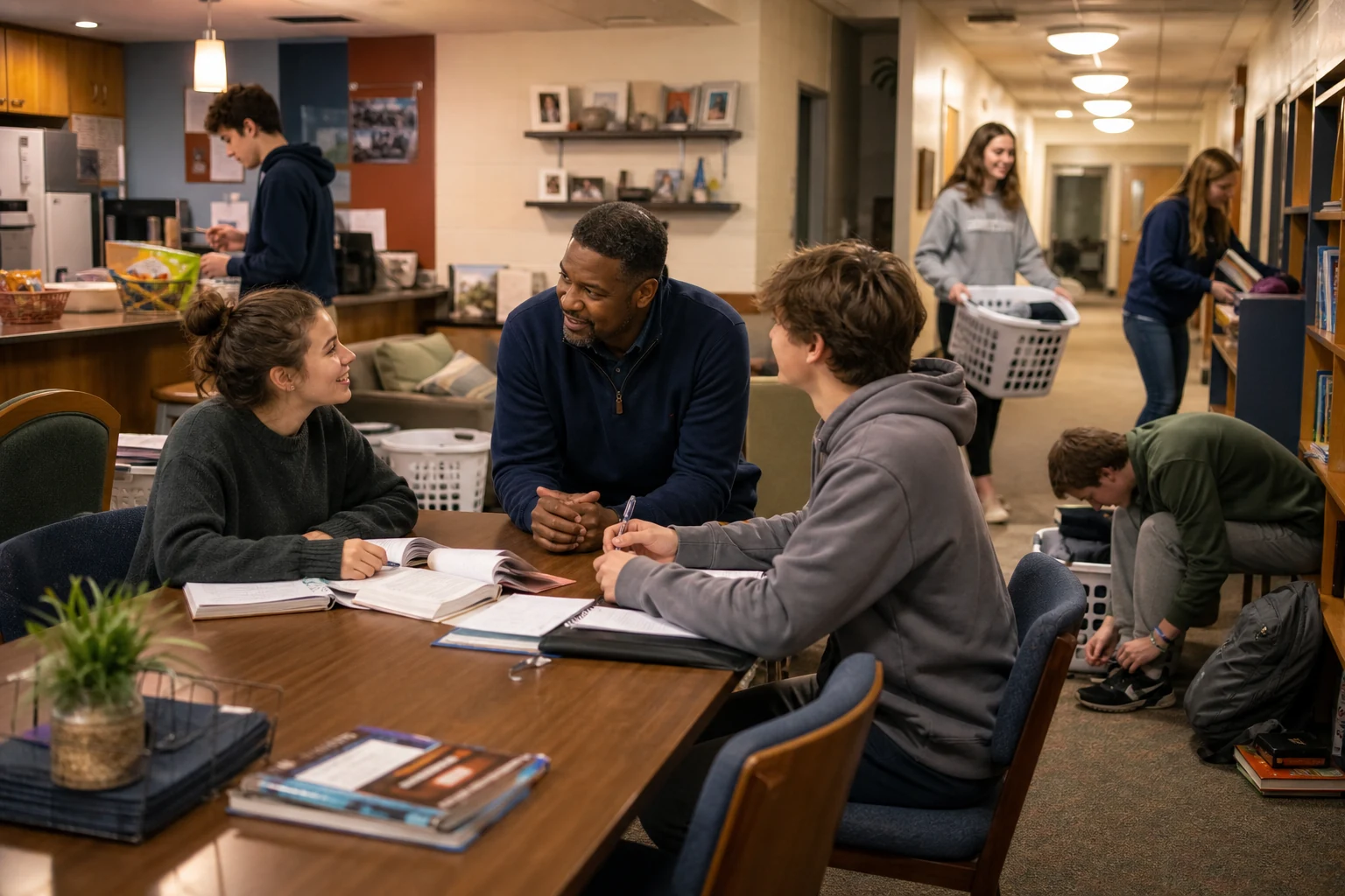 Boarding school residential staff supporting students in a supervised dormitory common area.