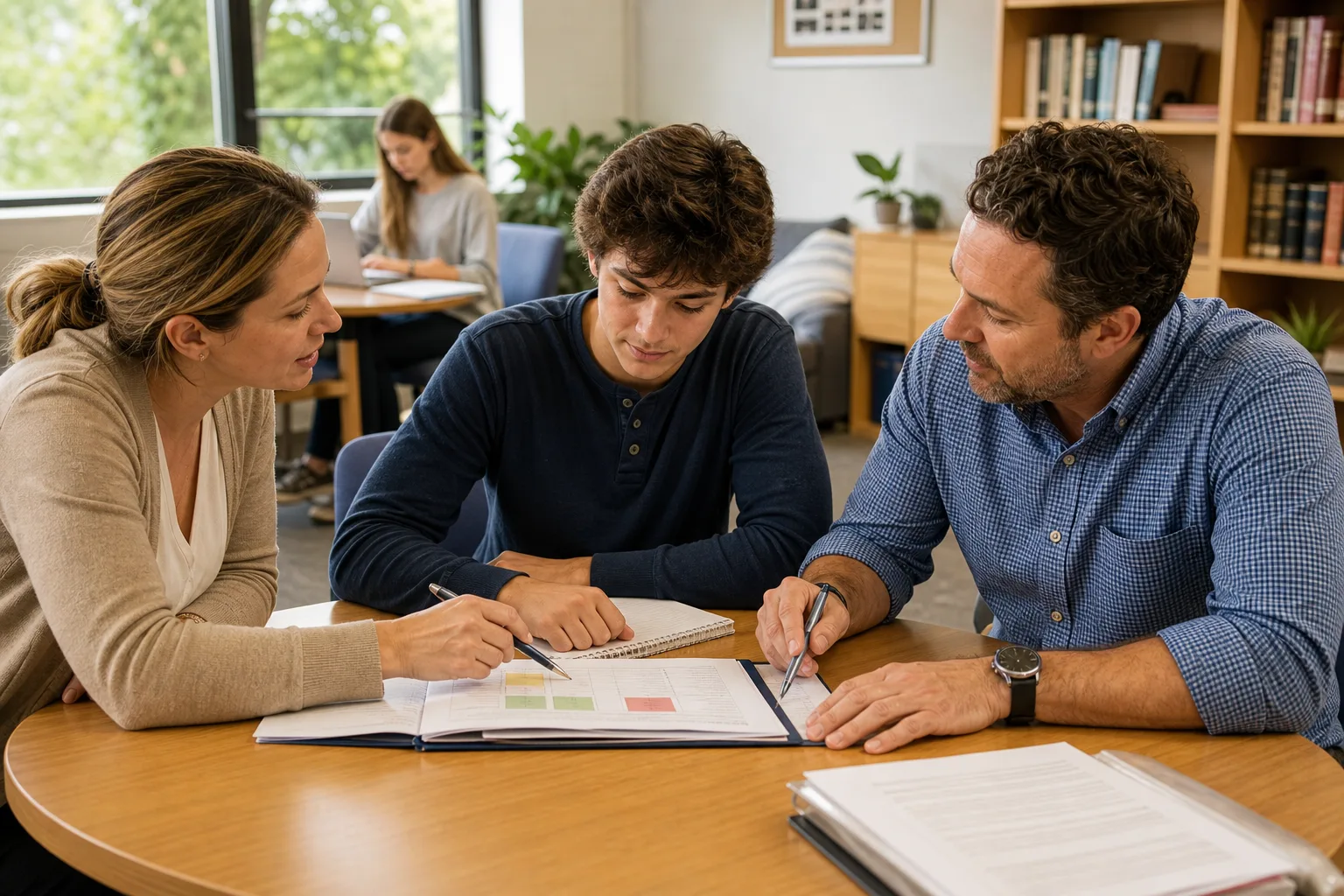 A student meeting with academic support staff in a private high school learning center.