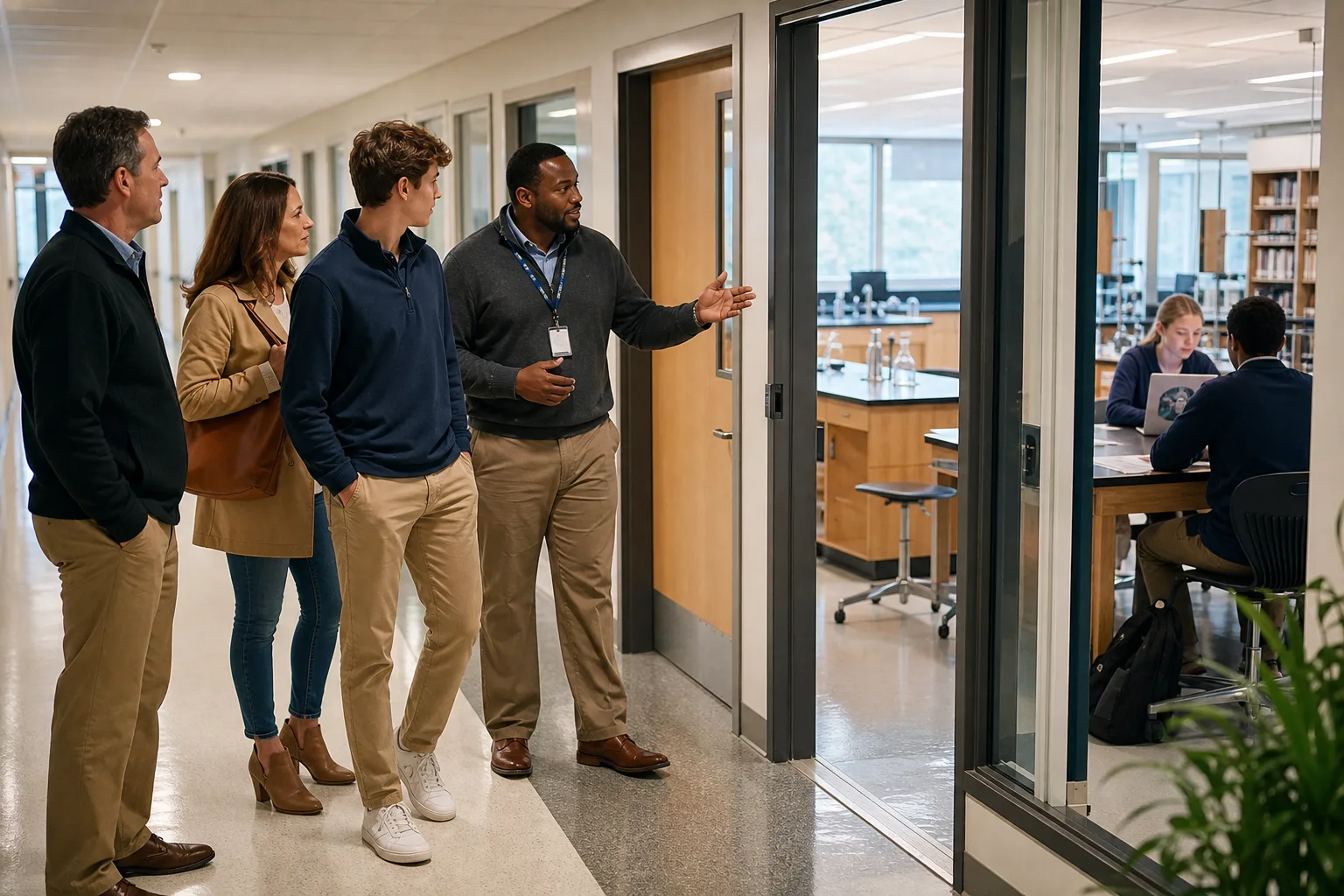 A family observing learning spaces during a private high school campus visit near Irvine.