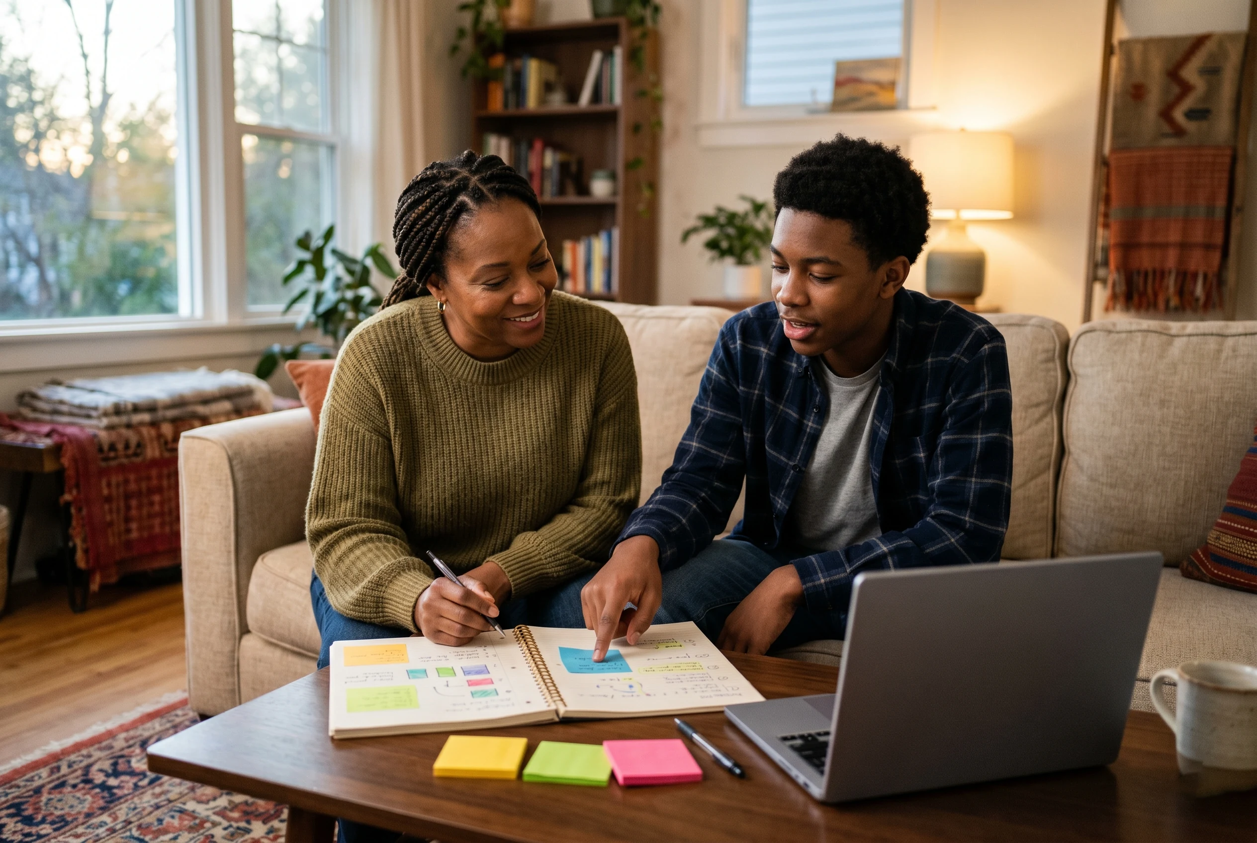 A parent and student discussing private school fit at home.
