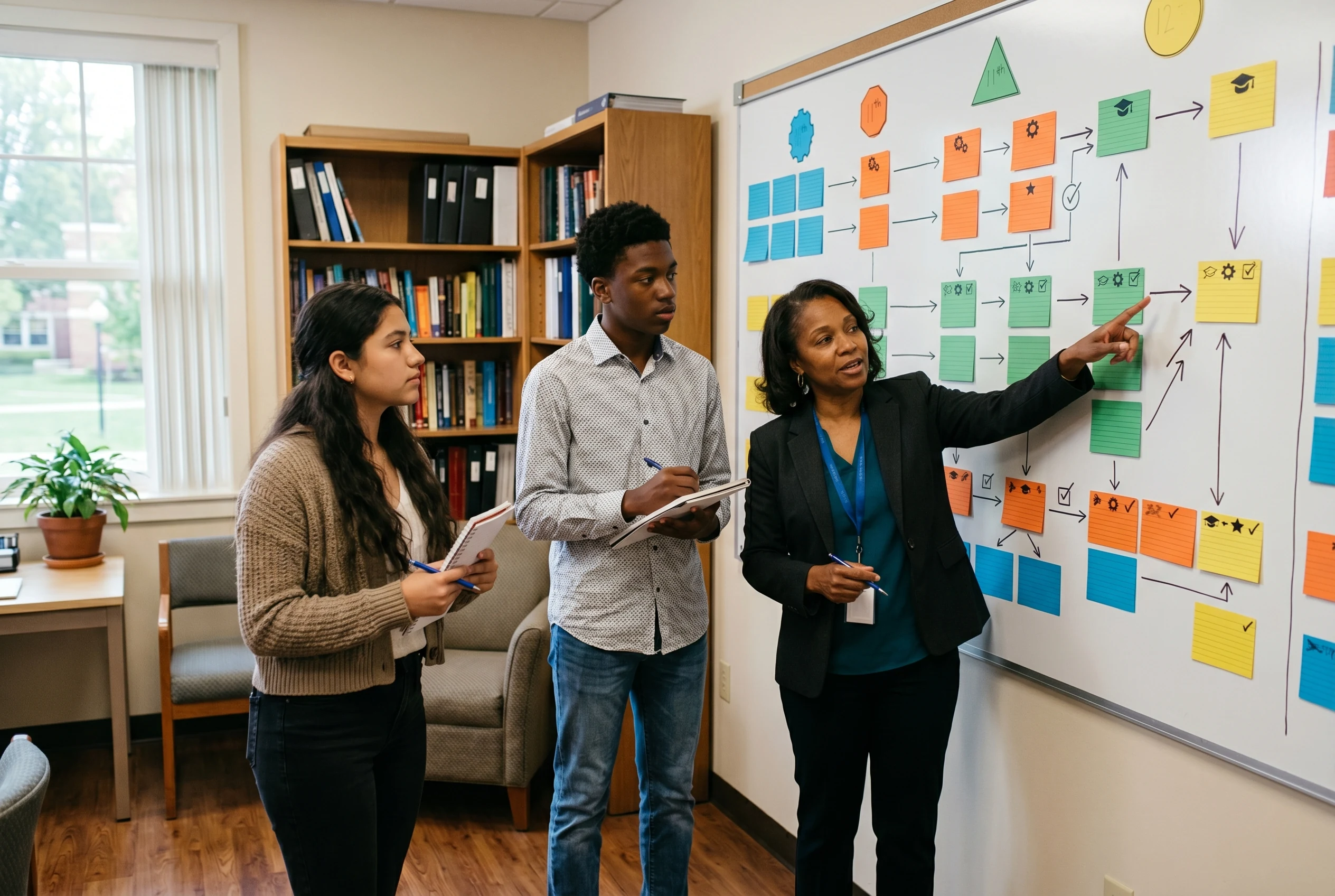 Students and a counselor planning course sequence and college preparation in a private high school.