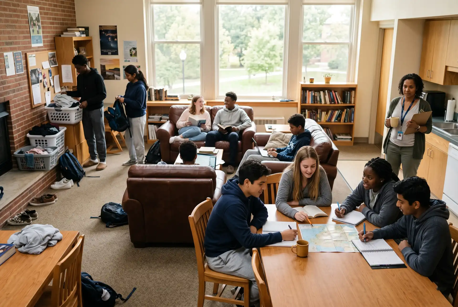 Boarding students sharing a normal residential life weekend routine in a campus commons.