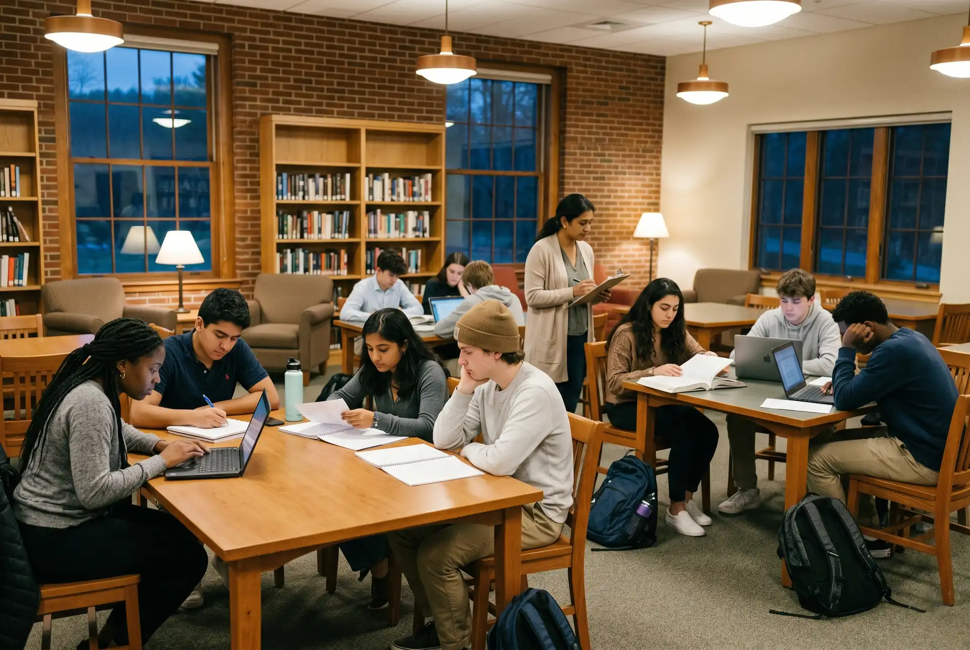 Boarding students working in a supervised evening study routine with adults nearby.