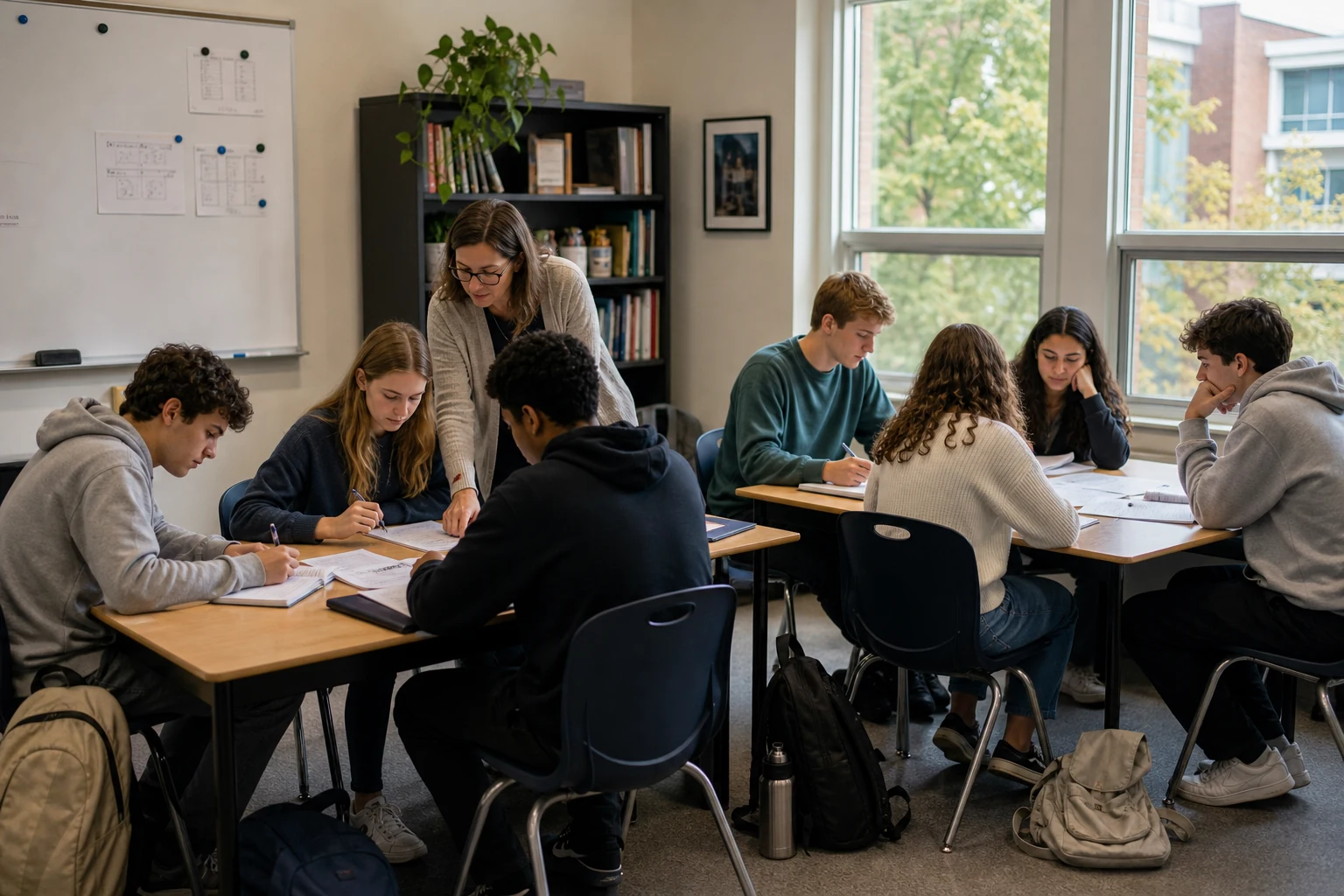 A teacher helping several students during after-school academic support in a private high school.