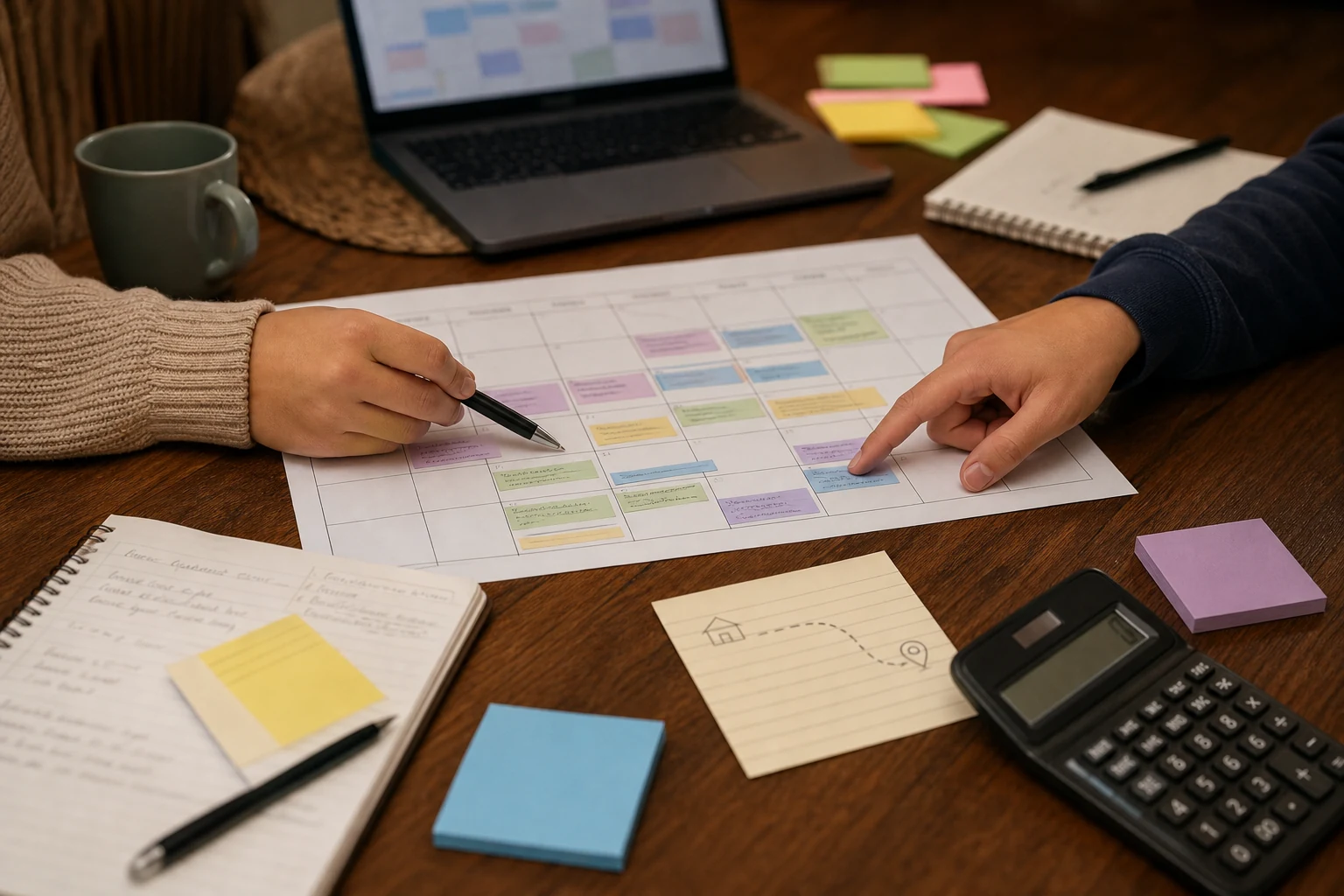 A family reviewing a private school calendar, commute notes, and cost details at a kitchen table.