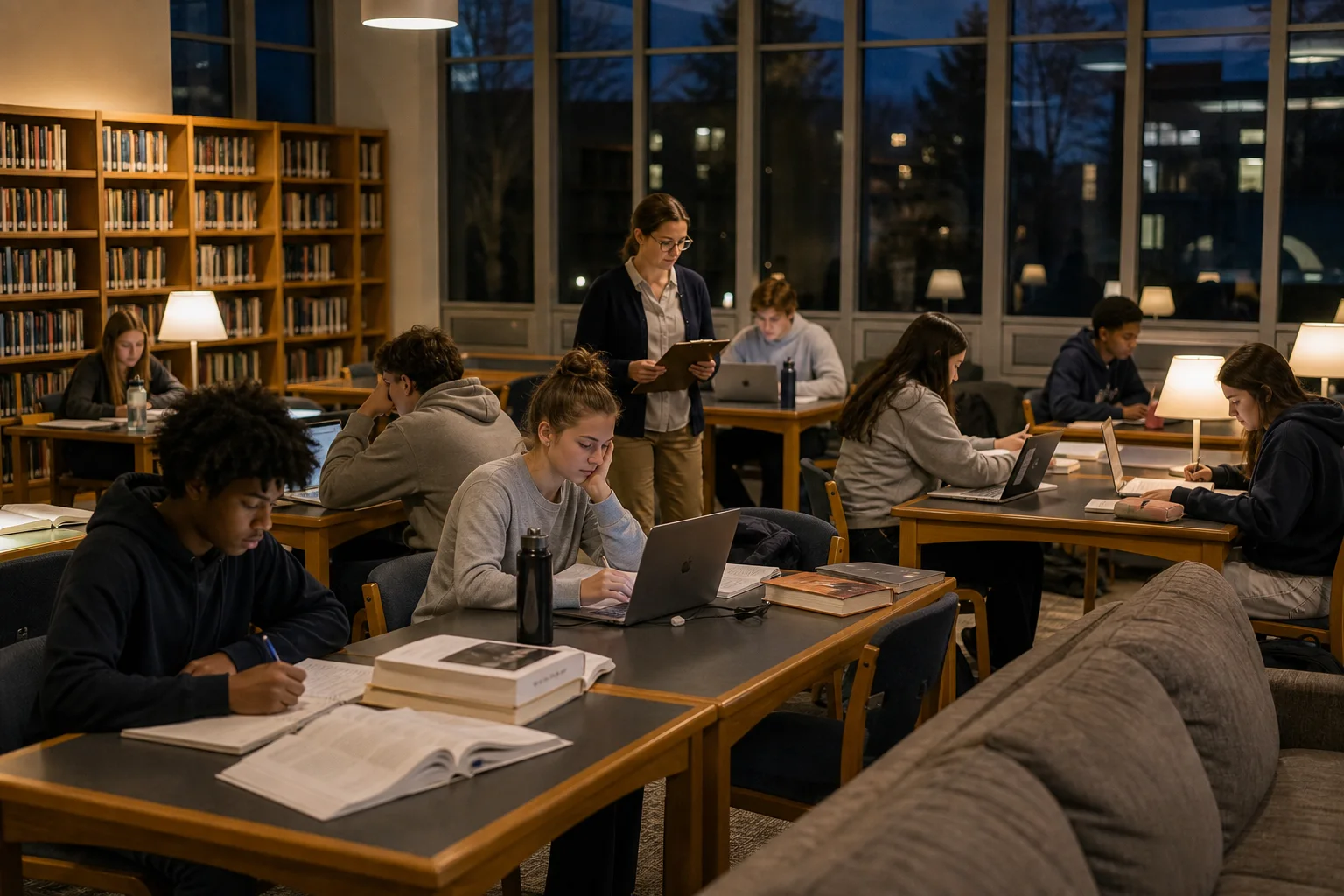 Students working during an evening study hall while a teacher circulates between tables.