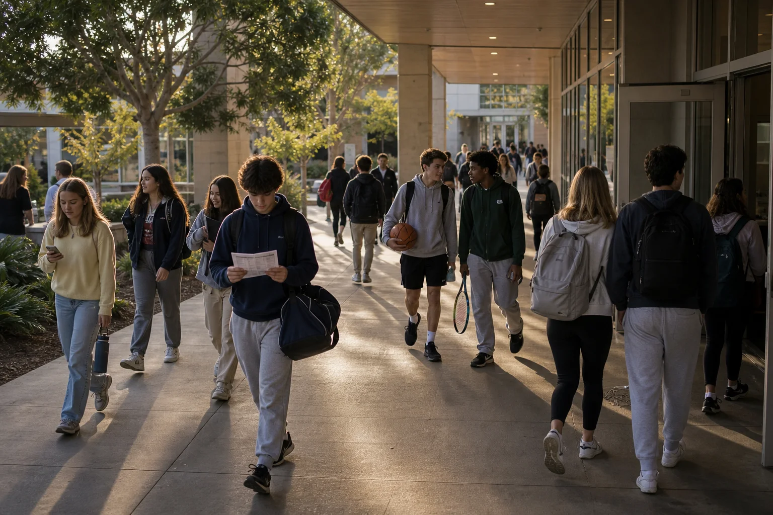 High school students moving between after-class activities, dinner, and campus routines at a boarding school.