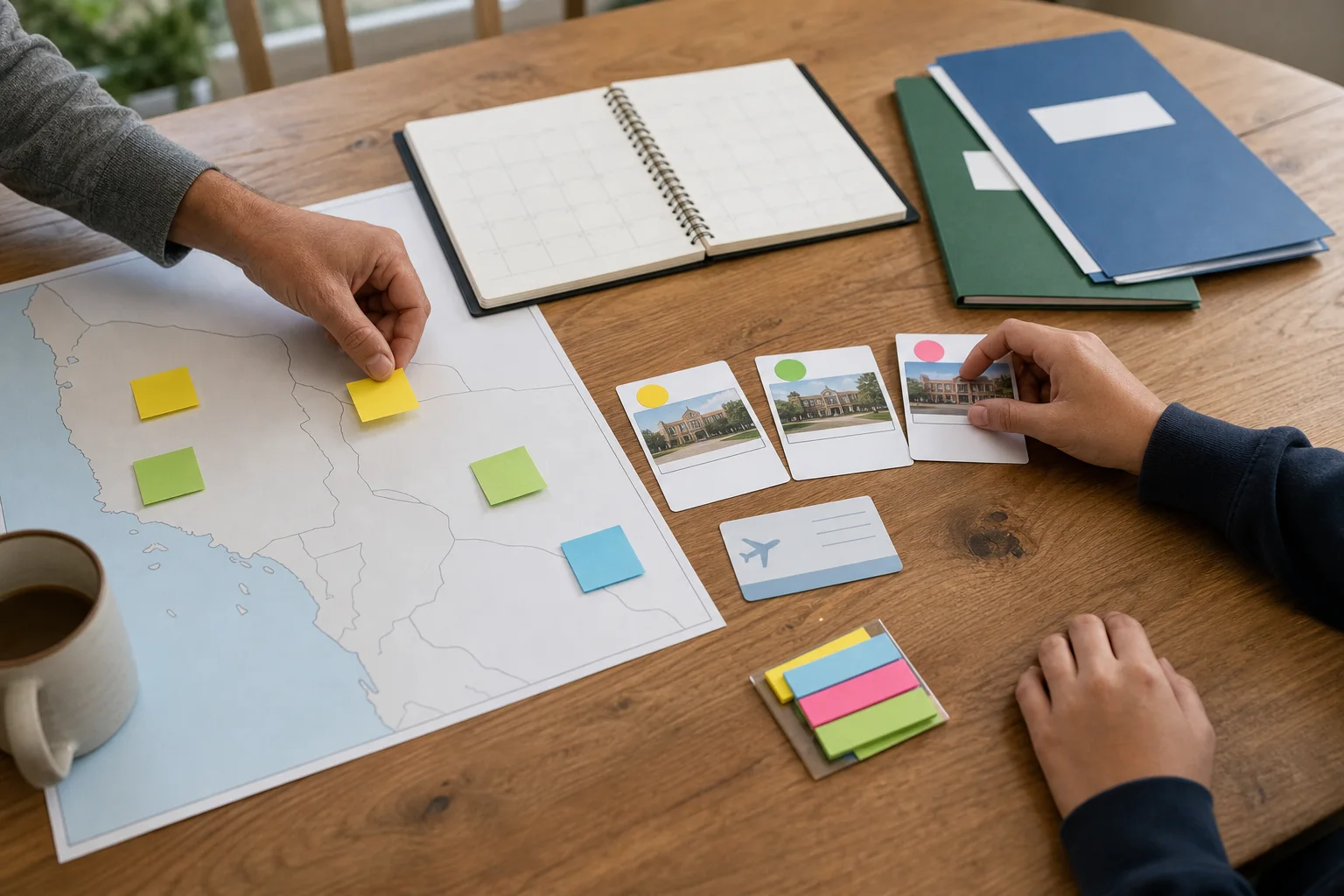 A family narrowing a Southern California boarding school shortlist with a map, calendar, and travel notes.