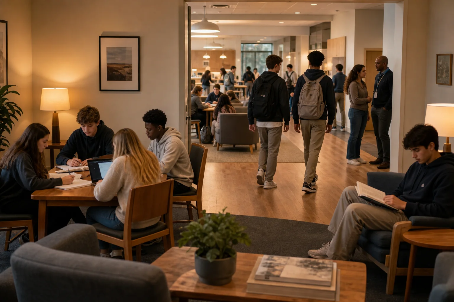 Boarding high school students moving through study, hallway, and residential commons during a normal weekday routine.