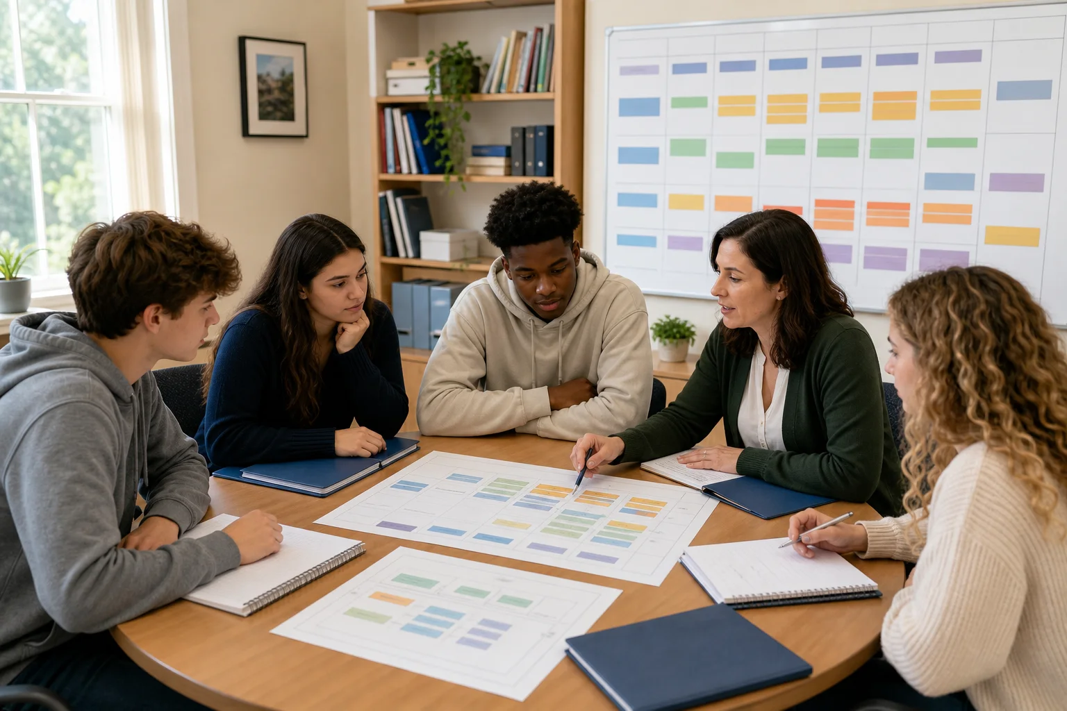 A college counselor and students reviewing blank course pathway sheets around a table.