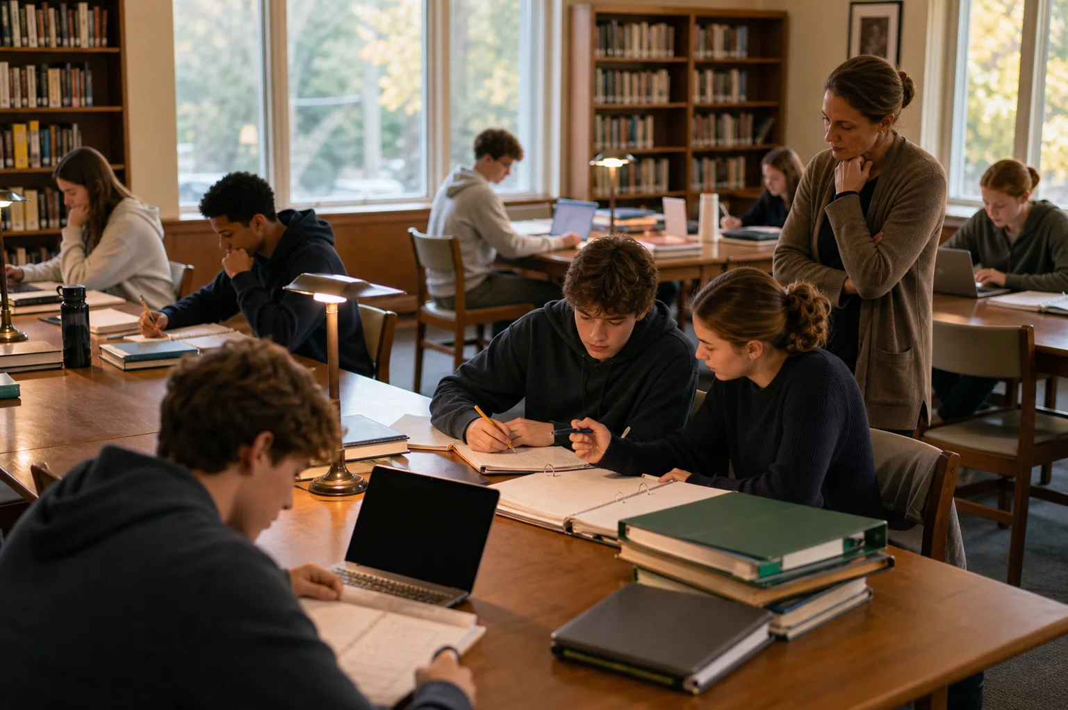 High school students working in a library while a teacher checks in during study time.