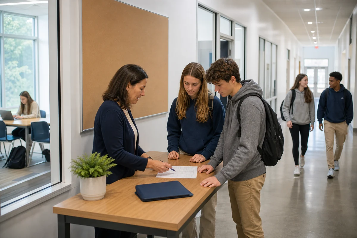 An academic advisor and two high school students reviewing a blank course plan in a school corridor.