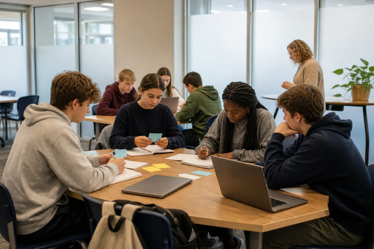 High school students practicing study strategies in small groups while a teacher observes nearby.
