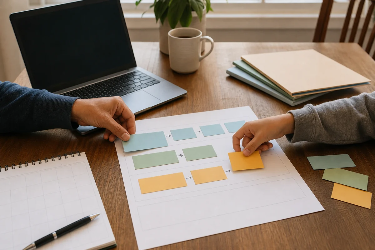 Hands arranging blank course cards and study materials during an academic progress review.