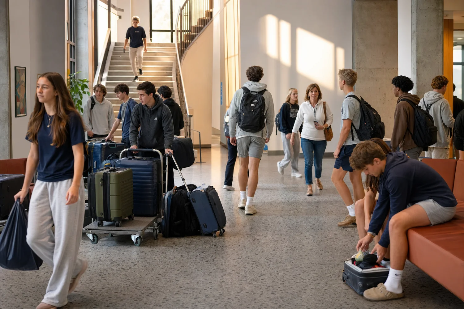 Boarding students and residential staff moving luggage through a busy dormitory commons on arrival day.