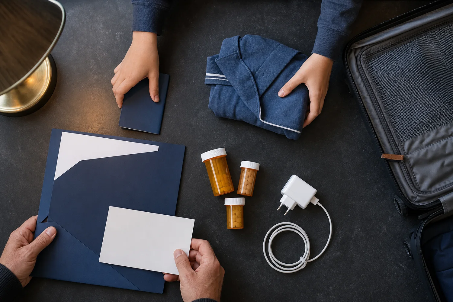 Hands organizing travel documents, medication records, and a carry-on checklist for boarding school arrival.