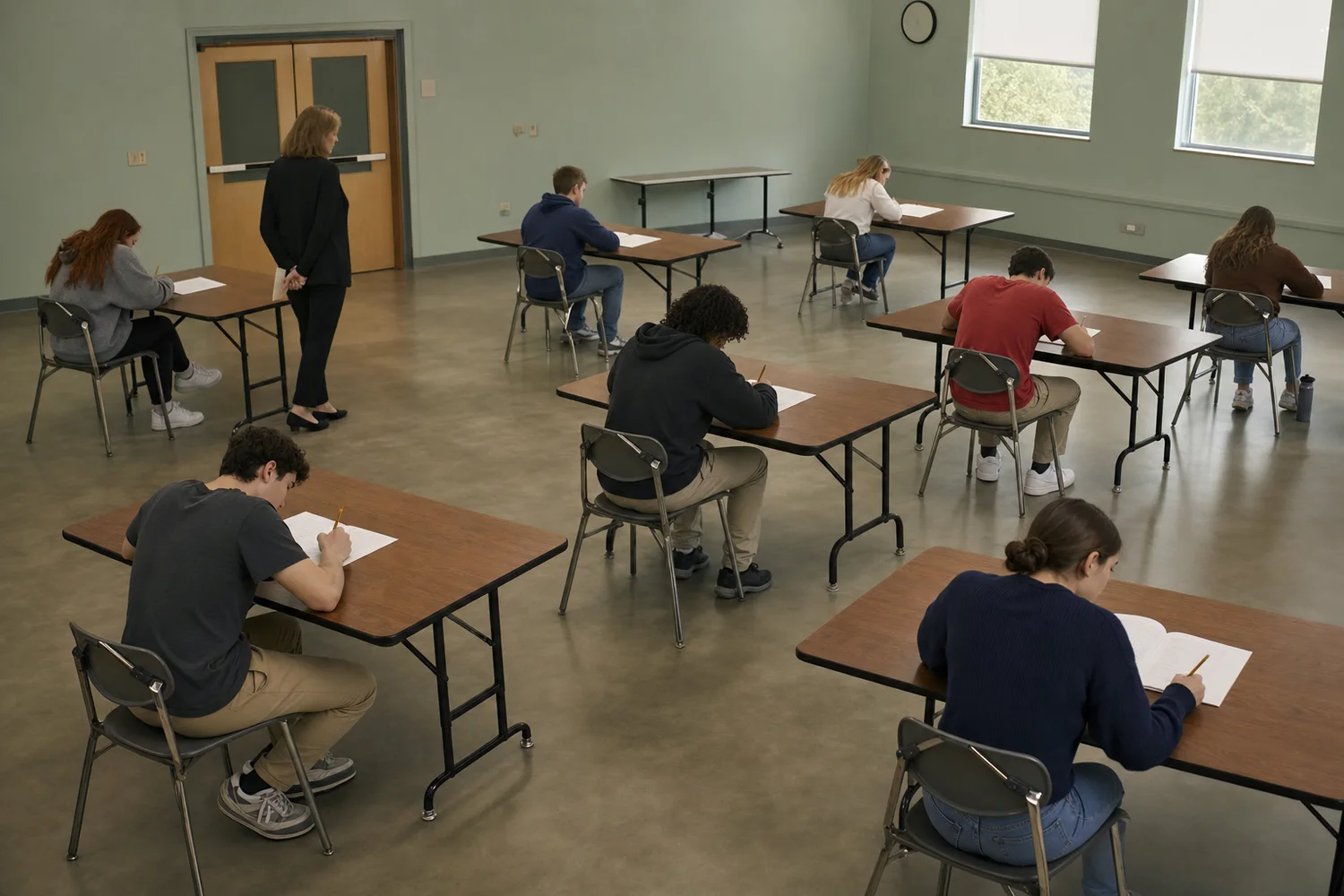 High school applicants completing individual writing and math tasks in a quiet multipurpose room.