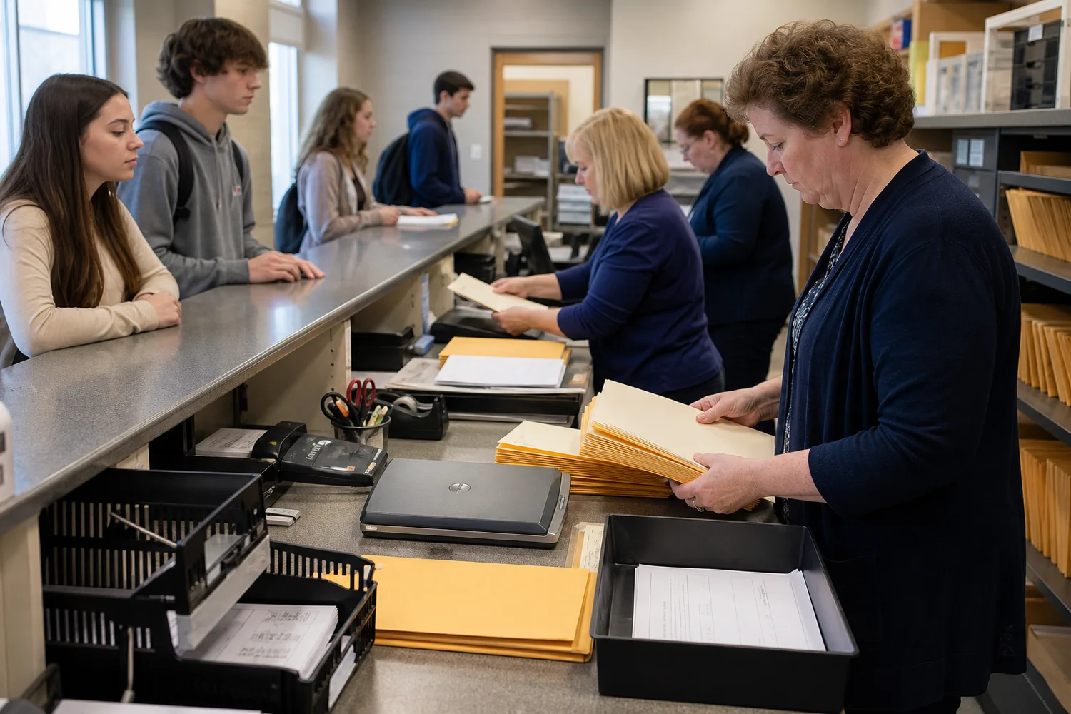 School office staff organizing transcript requests and sealed application records for several students.