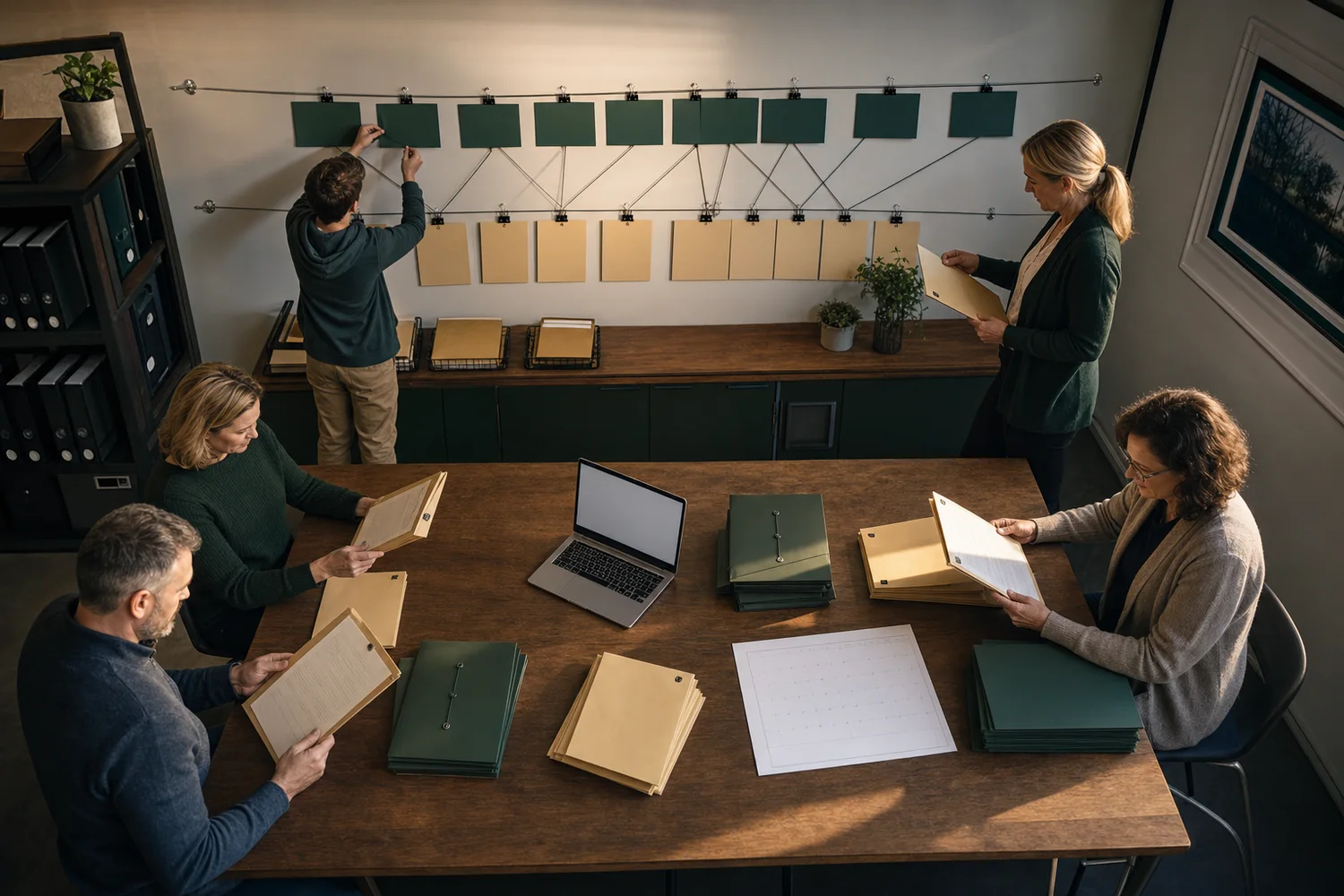 A small application team checking blank deadline cards and sealed folders at a shared planning table.