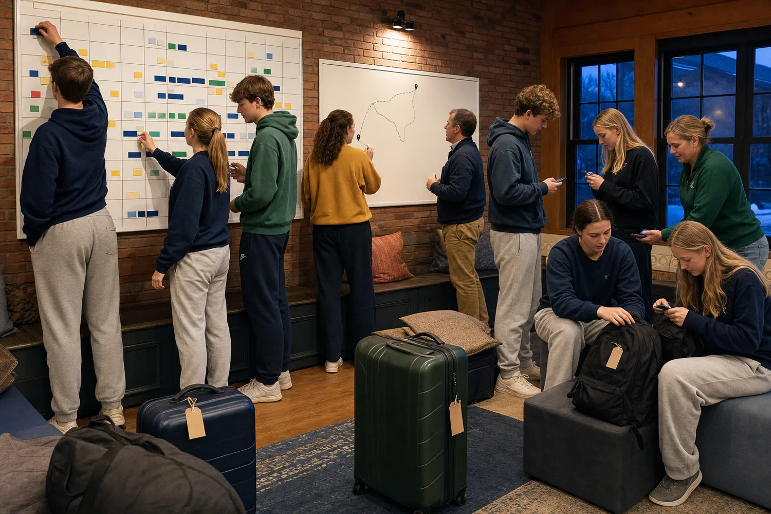 Boarding students and residential staff coordinating break travel on a large blank calendar wall.
