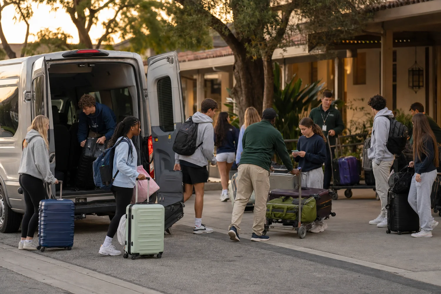 International high school students and residential staff loading luggage from an airport shuttle at a school residence.