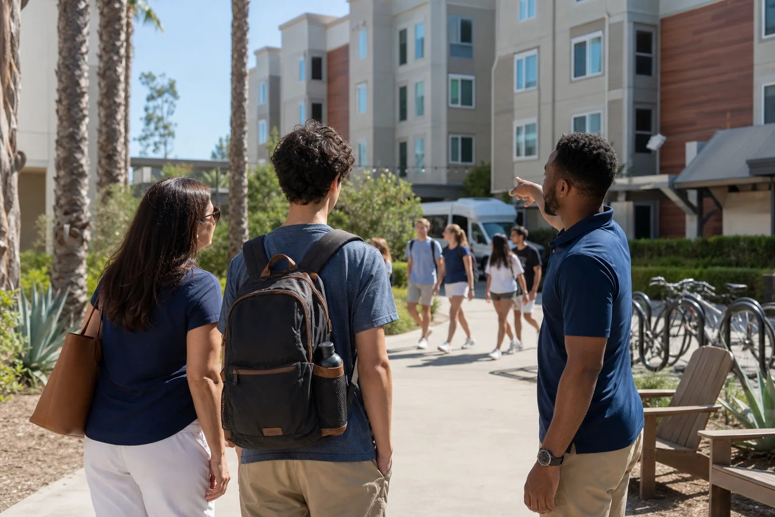 A family viewing a boarding school residential courtyard with a staff member.
