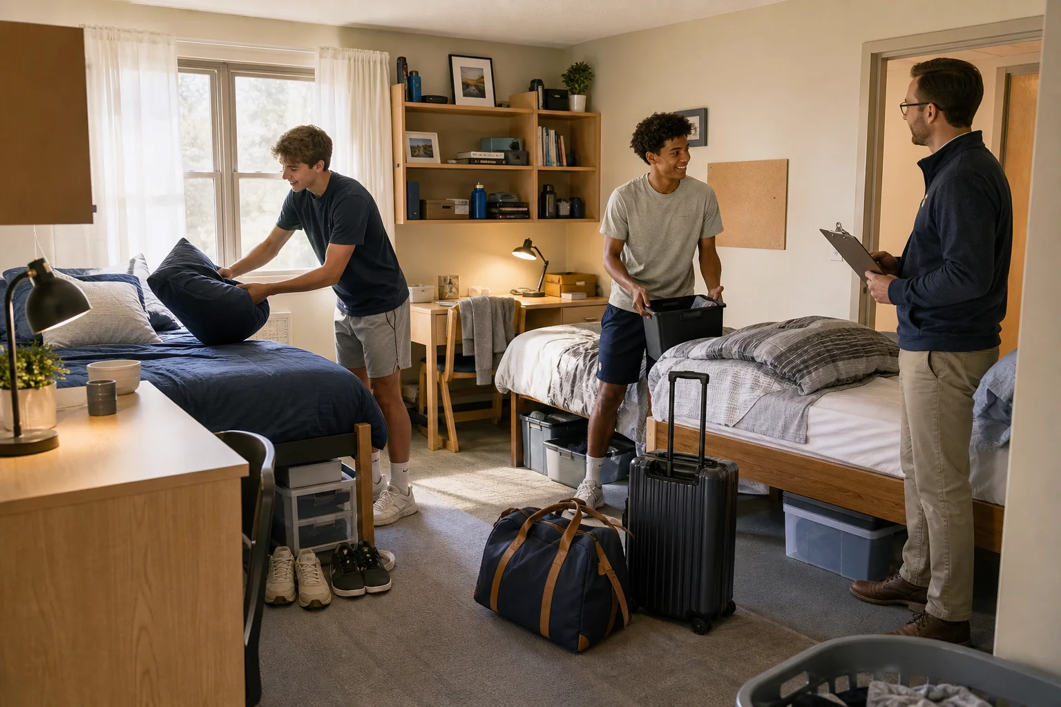 Boarding students organizing a dorm room during move-in with residential staff nearby.