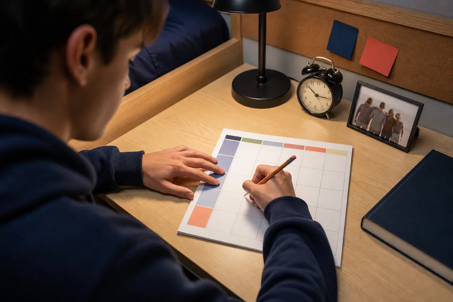 A boarding student reviewing a simple family contact calendar at a dormitory desk.