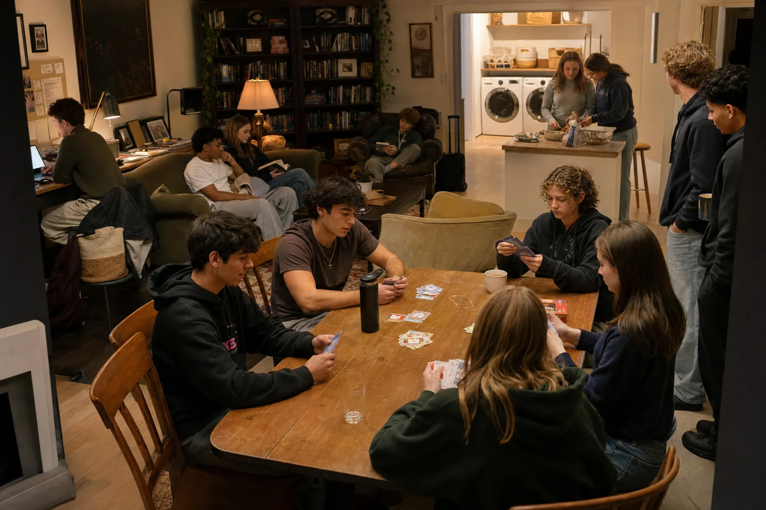 Boarding students sharing a relaxed evening in a supervised dormitory common room.