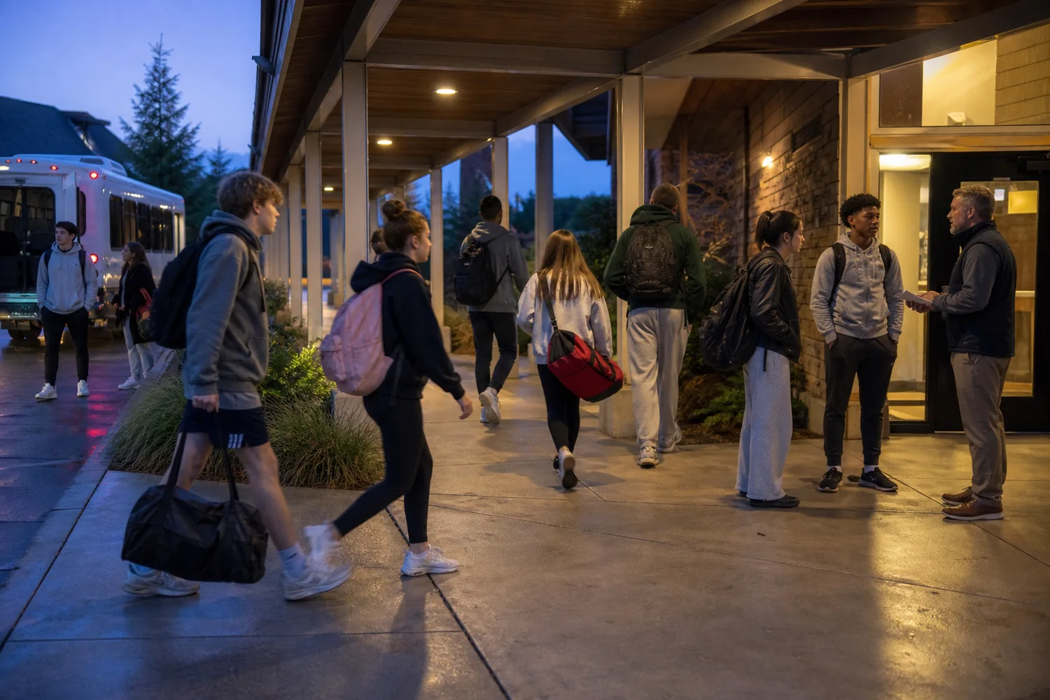 A residential staff member checking in with several boarding students during an evening campus transition.