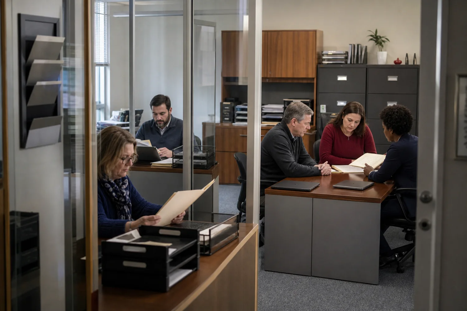 Financial aid staff reviewing complete family files in a private school administrative office.
