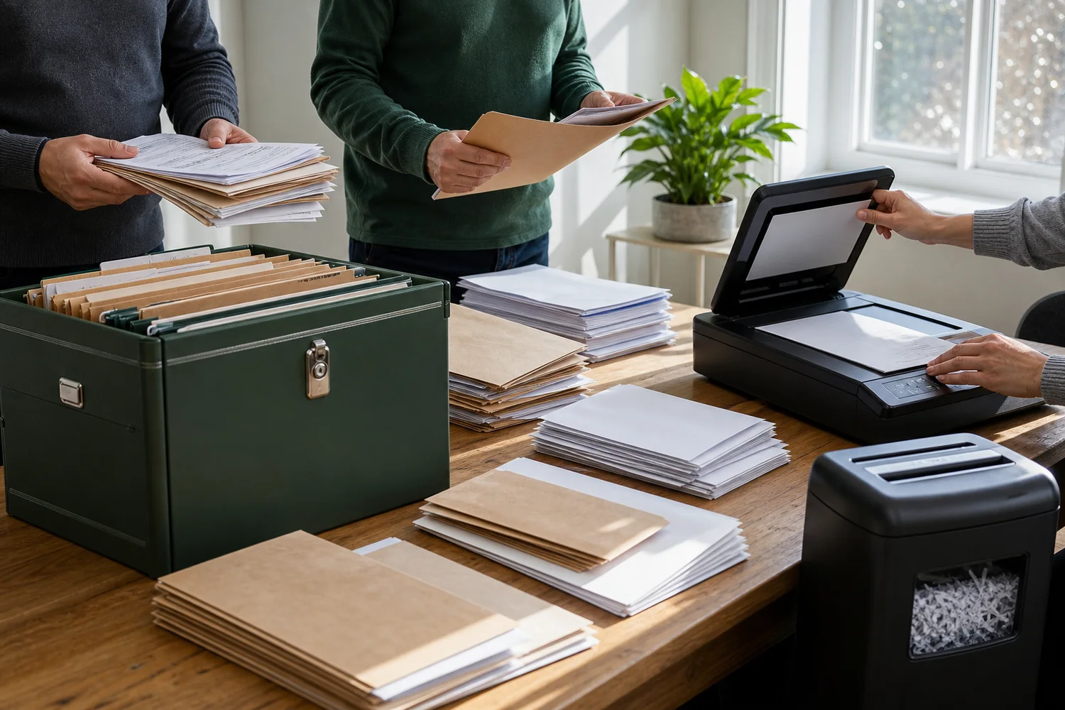 A family organizing tax records, account statements, and school aid deadlines into a private financial file.