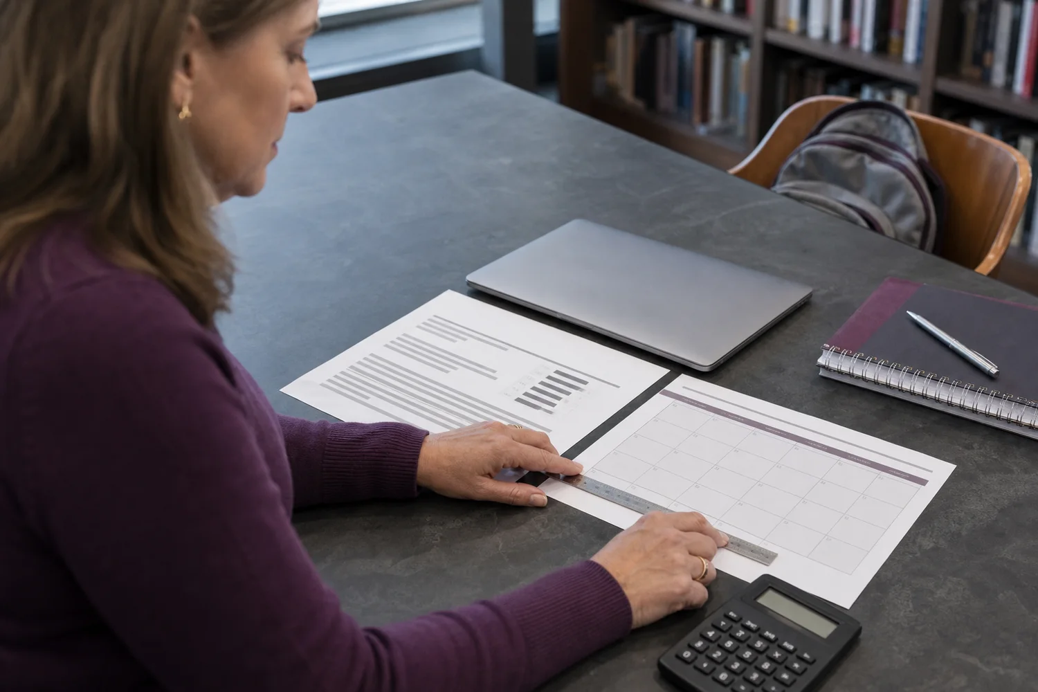 A guardian comparing a private school aid award with a full-year cost worksheet and payment calendar.