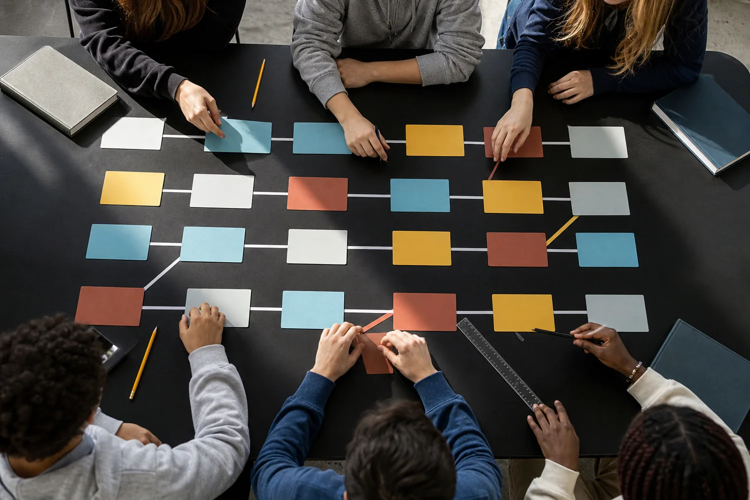 Students arranging a four-year sequence of blank course cards across a long planning table.