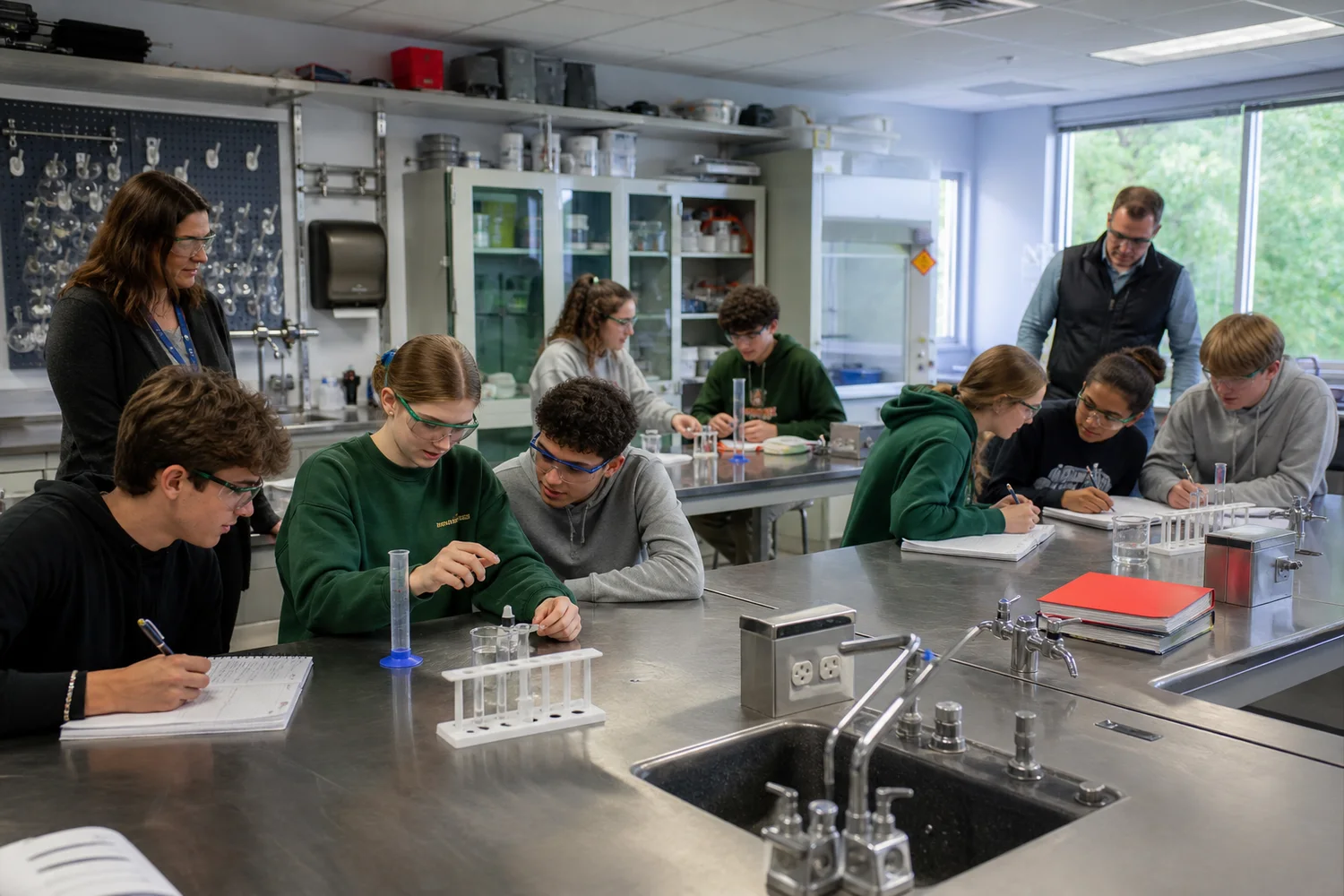 High school students conducting laboratory work and discussing results across several active workstations.