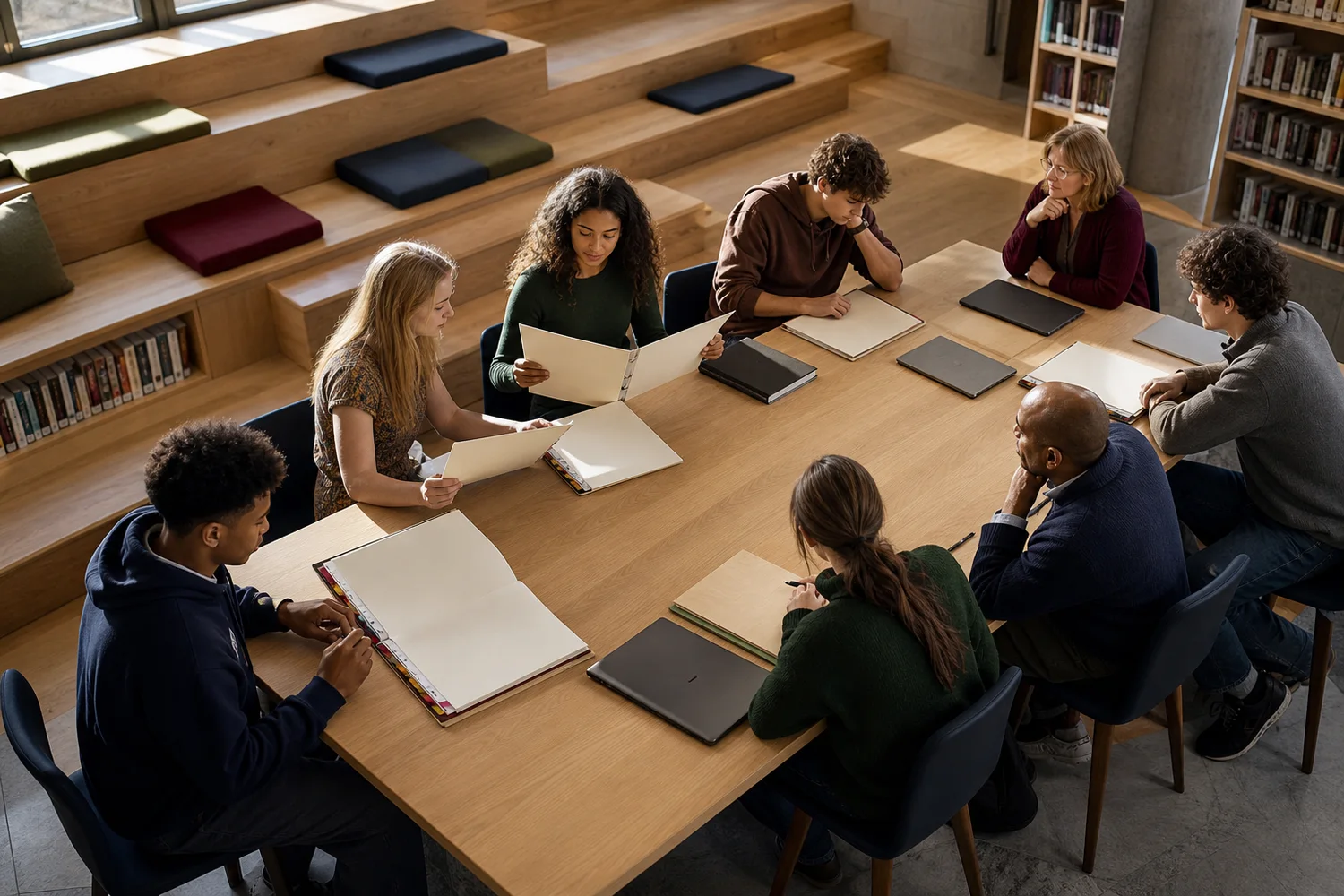 A counselor and a mixed-grade student group comparing course pathways at a long academic planning table.