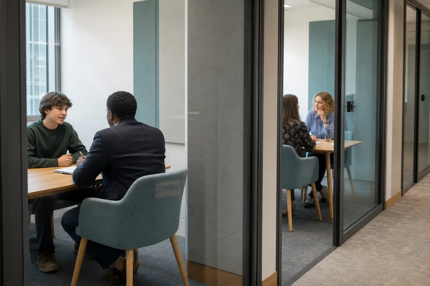 A student and parent taking part in separate private school interview conversations in adjacent rooms.
