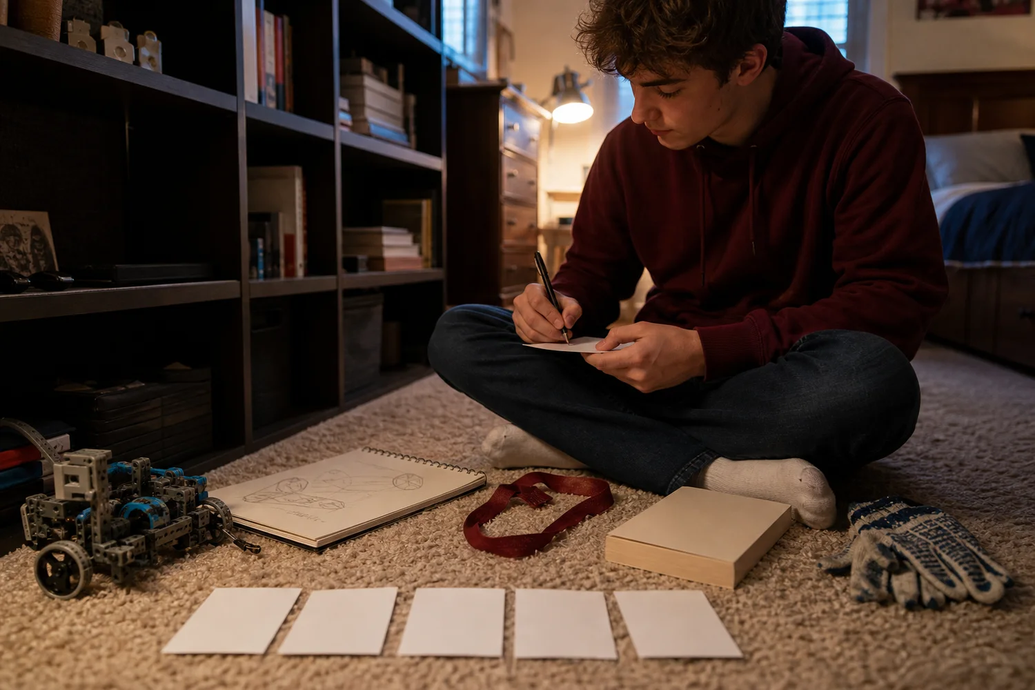 A high school student selecting personal project items and brief notes before a private school interview.