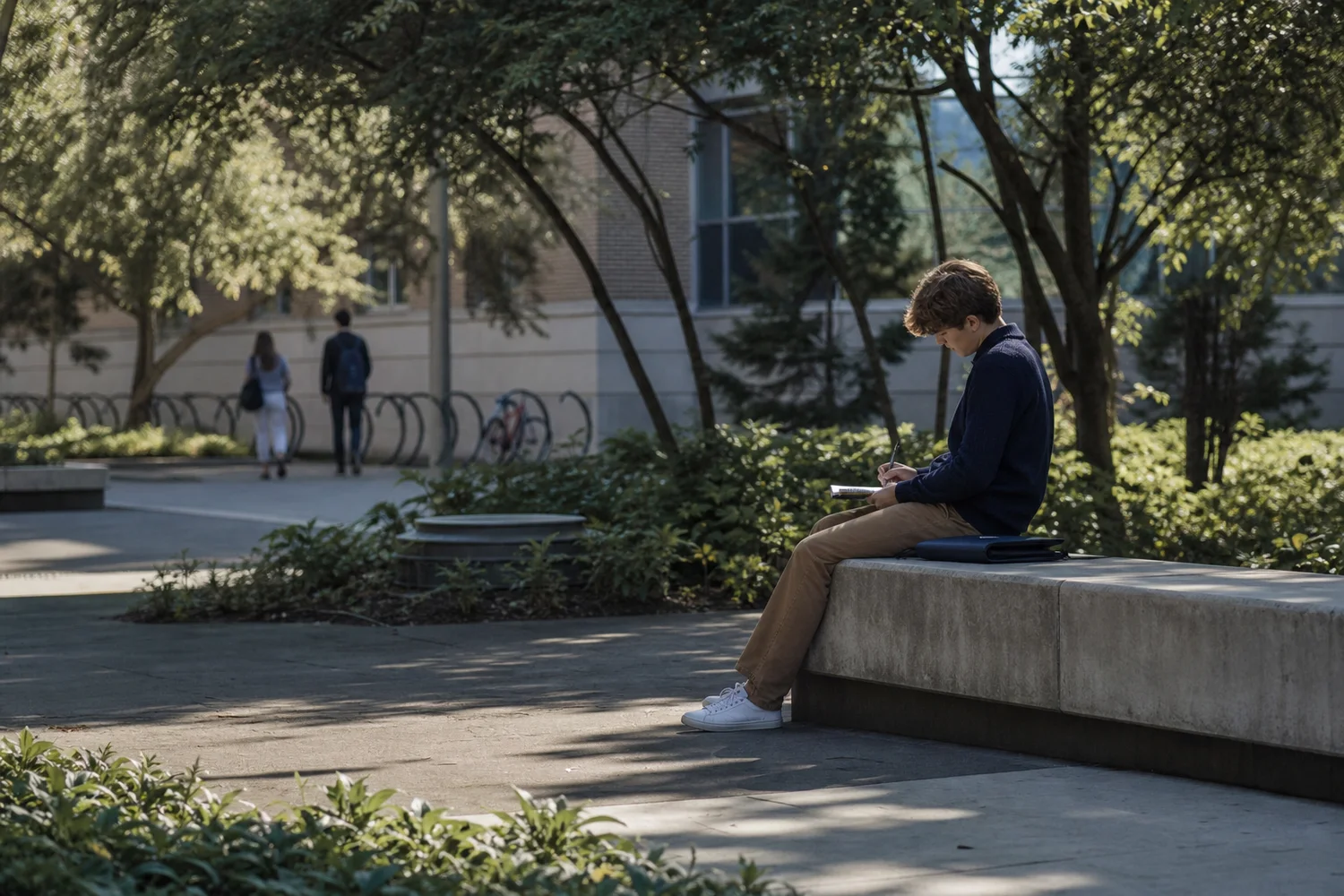 A student writing brief reflection notes alone after a private school interview.