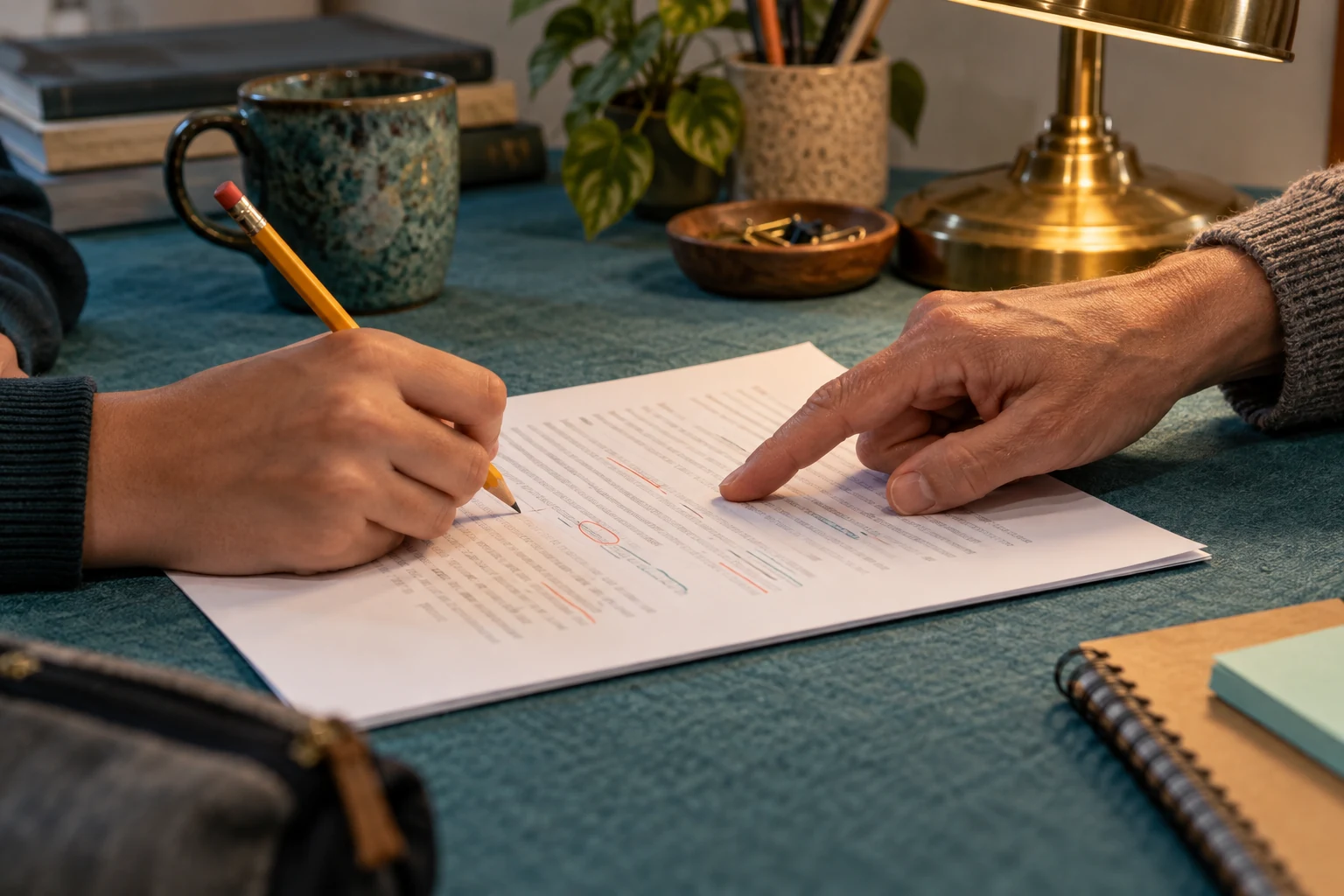 A student and advisor reviewing suggested changes on a draft.