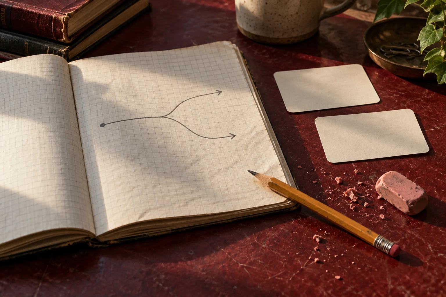 A pencil and revised branching sketch beside blank course cards.