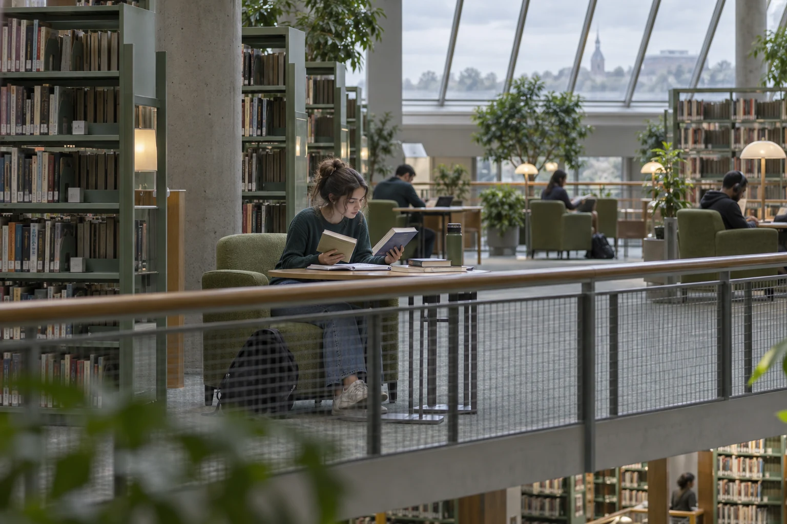 A student comparing reference books in a quiet library alcove.
