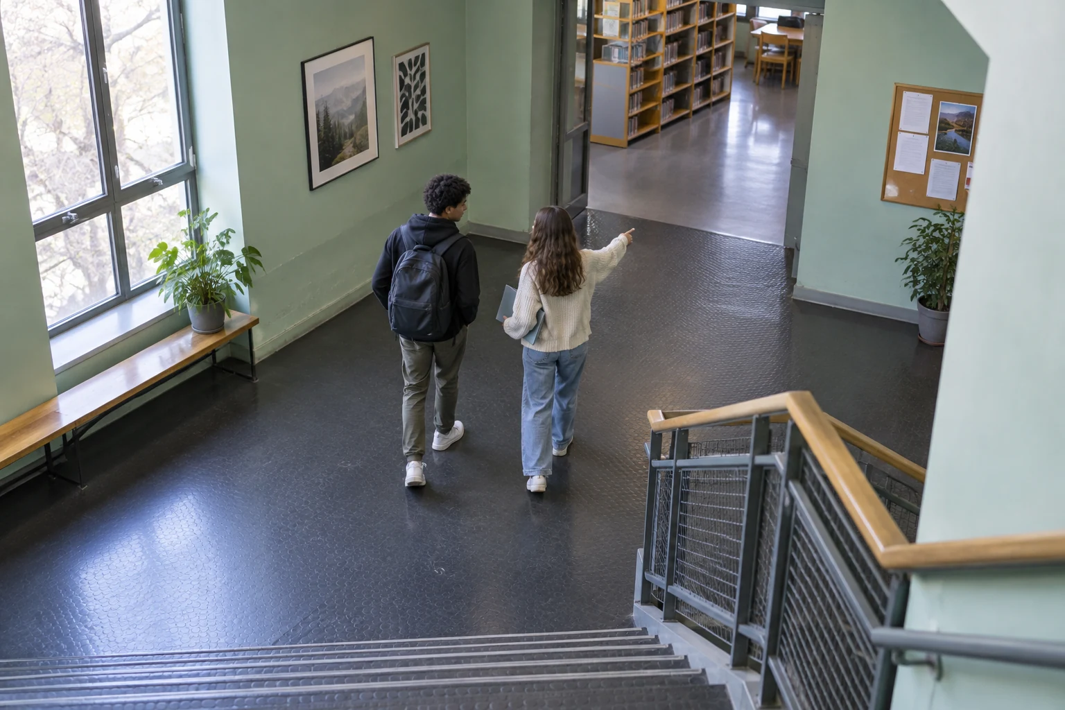 Two students navigating a school corridor during peer orientation.