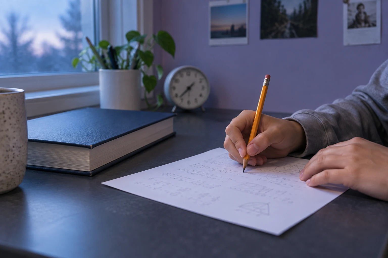 A student using a pencil and practice sheet during independent study.